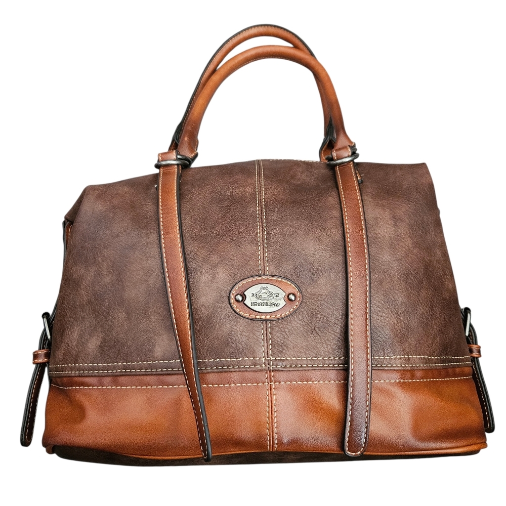 Hema Zhuofan‎ Weekender Satchel Two Tone Brown Vegan Leather Bag Purse